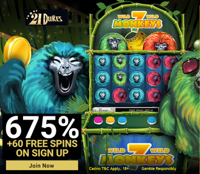 21Dukes Casino - 675% + 60 free spins. Game: 7 Monkeys